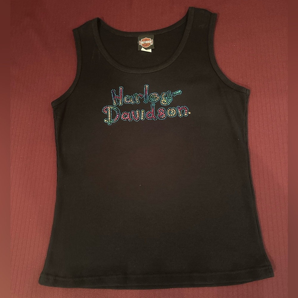 Black Harley Davison Ribbed Tank Top with Holographic Bling.